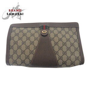GUCCI Sherry Line Clutch Bag Brown Beige Tan GG Supreme Canvas Leather